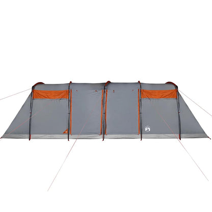 Zijaanzicht van de vidaXL tunneltent in grijs en oranje met openingen voor ventilatie.