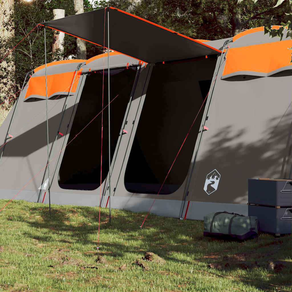 Tunneltent vidaXL 8-persoons in grijs met oranje details, met openstaande luifel.