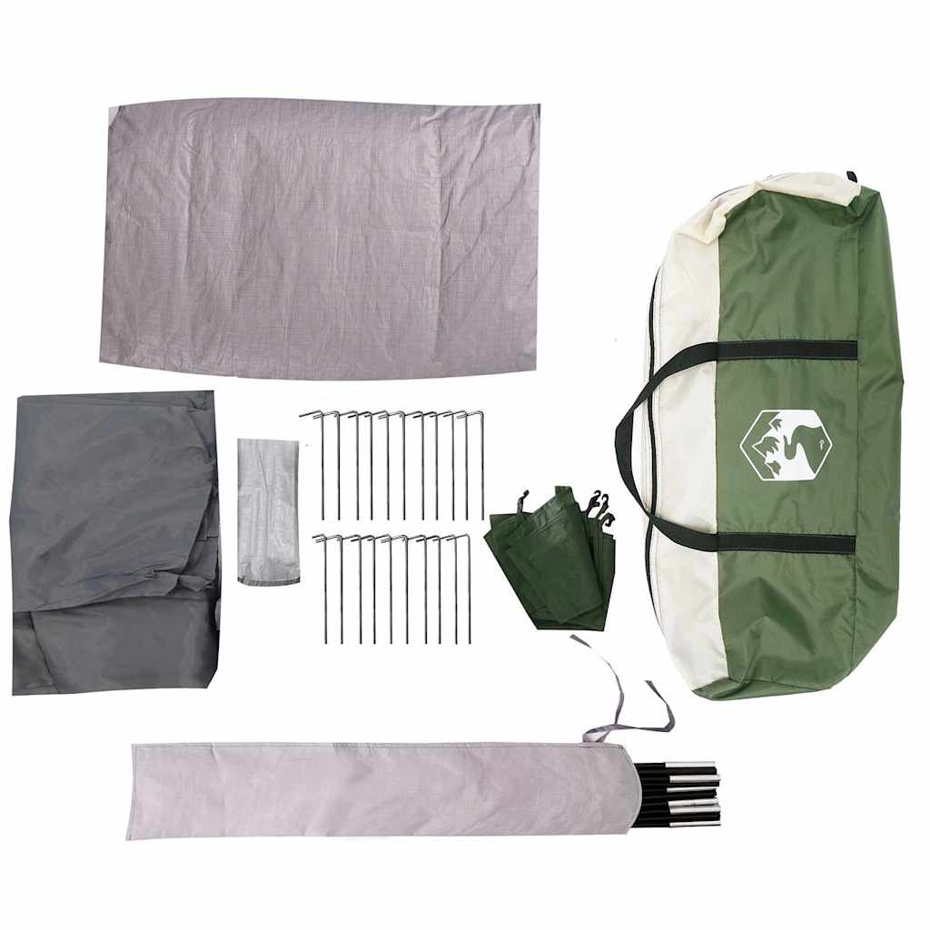 Detail van de accessoires van de vidaXL 10-persoons tent, inclusief stokken en haringen.