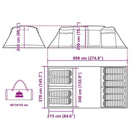 Detail van de afmetingen en indeling van de vidaXL 10-persoons tunneltent in groen.