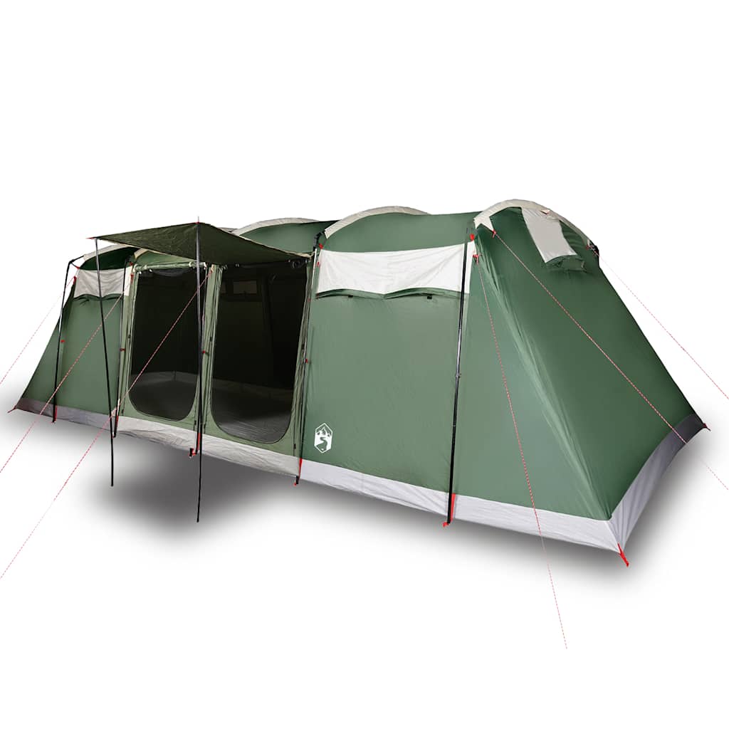 Detail van de vidaXL tunneltent in groen met een luifel en ruime ingang.