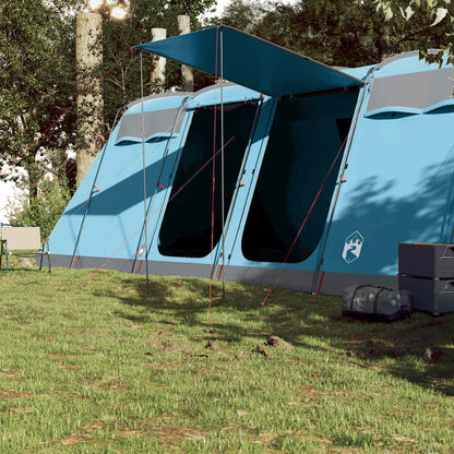 Detail van de blauwe vidaXL tunneltent met open luifel en ingangen.