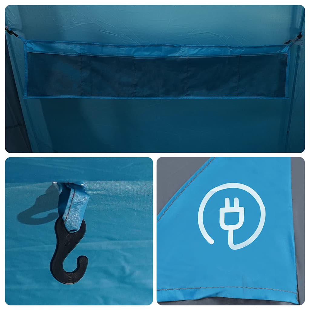 Detail van de blauwe vidaXL tunneltent met haak en elektrische aansluiting.
