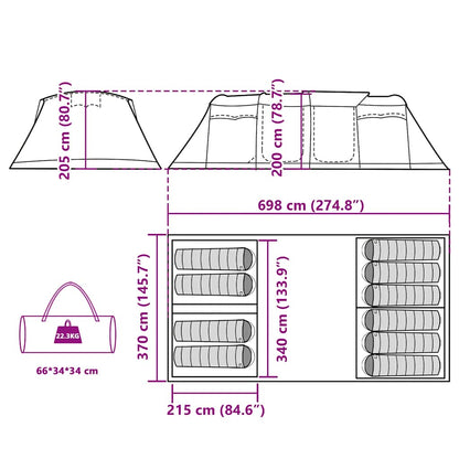 Detailweergave van de afmetingen en indeling van de vidaXL 10-persoons tunneltent.