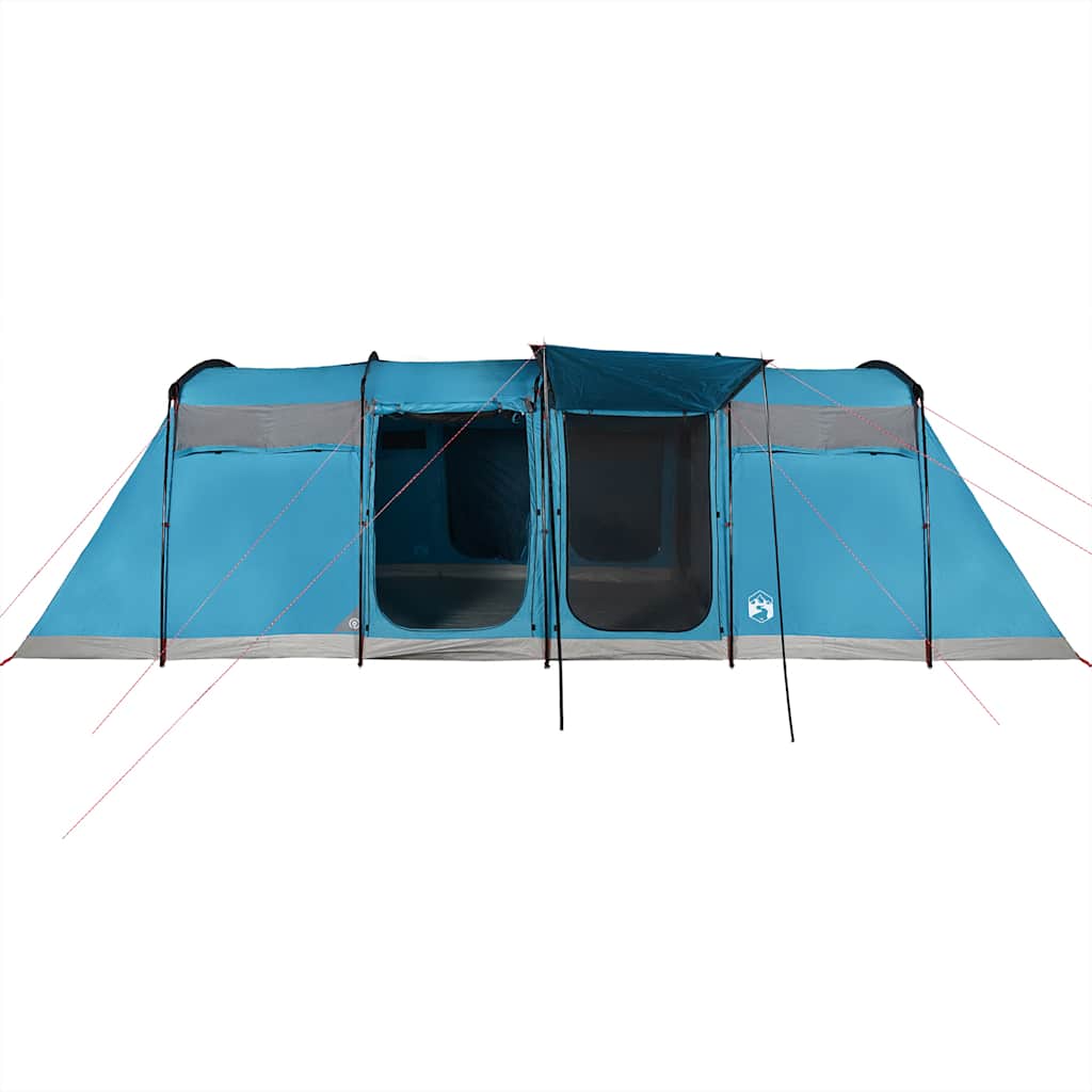 Zijaanzicht van de vidaXL Tunneltent in blauw met ingangen en ventilatieopeningen.