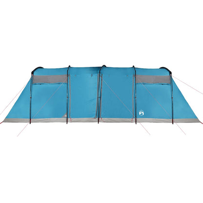 Zijaanzicht van de vidaXL Tunneltent in blauw, met drie ingangen en stevige bevestigingen.