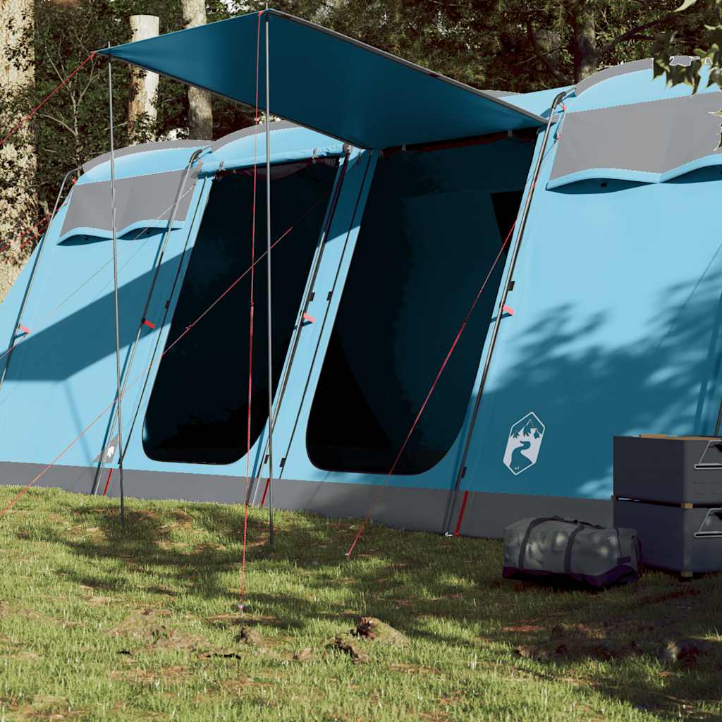 Blauwe vidaXL tunneltent voor 10 personen met open tentluifel en ruime ingang.
