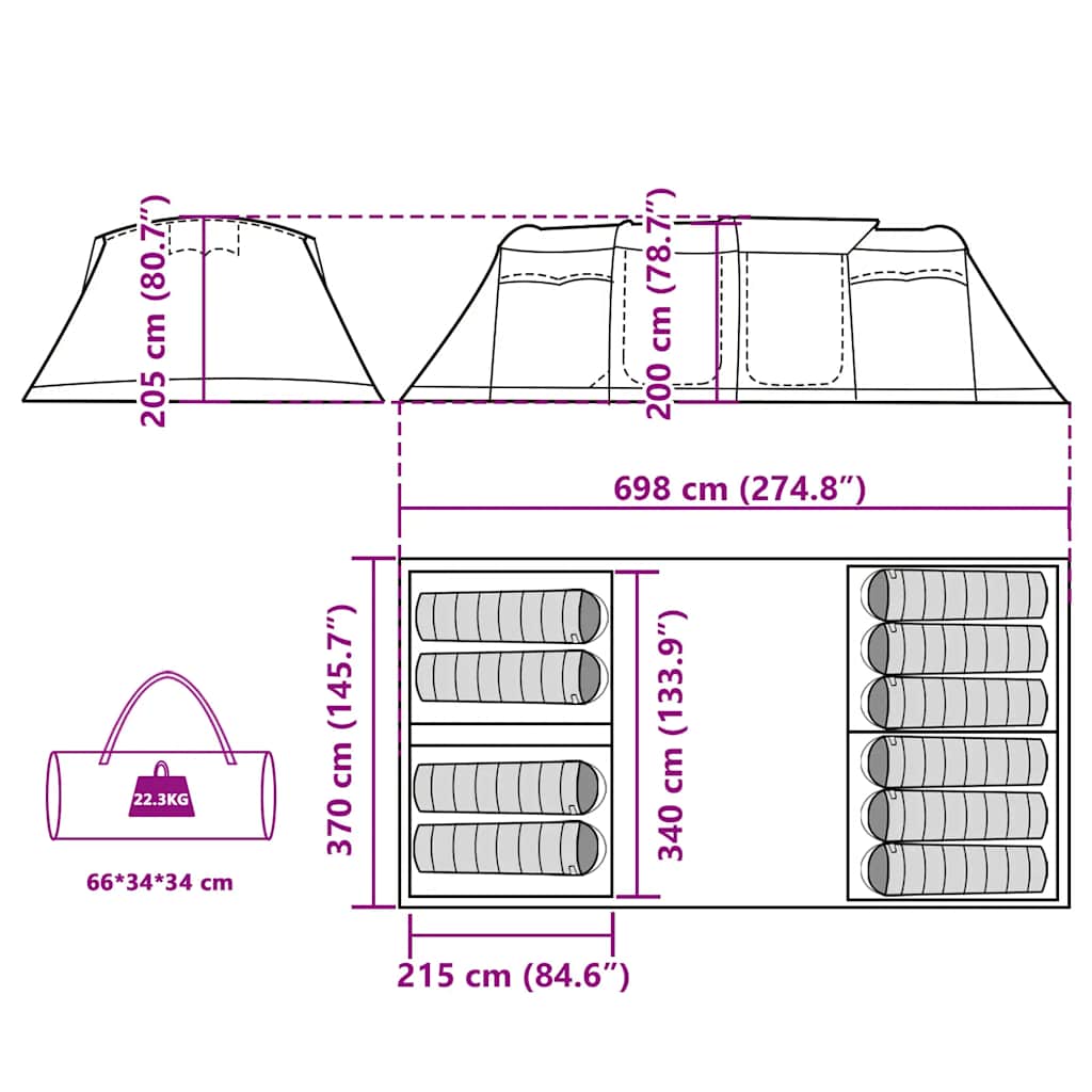 Detailtekening van de vidaXL tunneltent met afmetingen en opbergmogelijkheden.