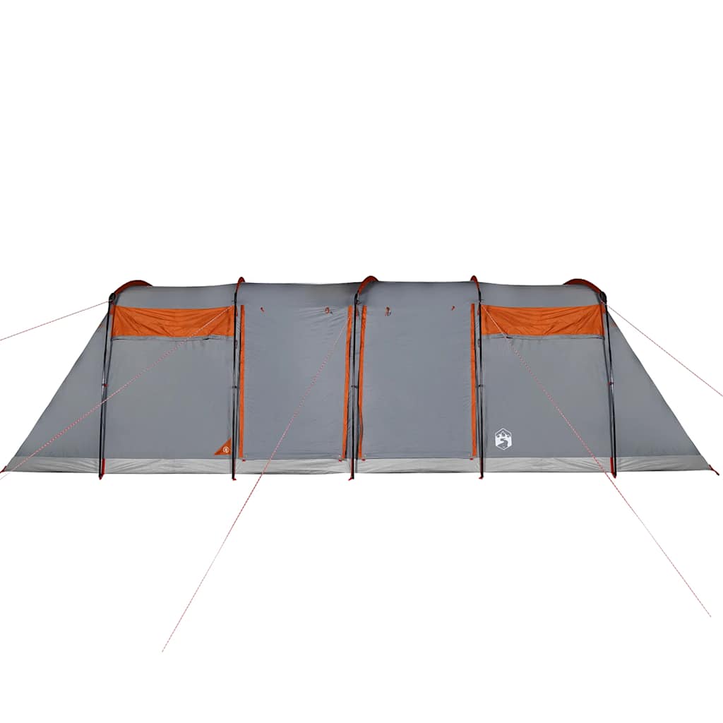 Detail van de vidaXL tunneltent in grijs en oranje, zijaanzicht met openingen.