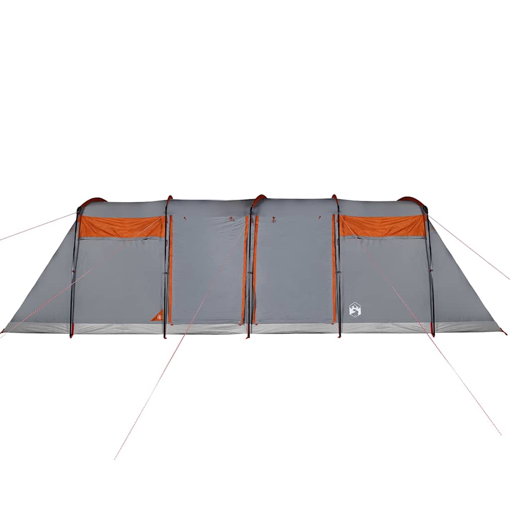 Detail van de grijs-oranje vidaXL tunneltent met meerdere ingangen en zijramen.