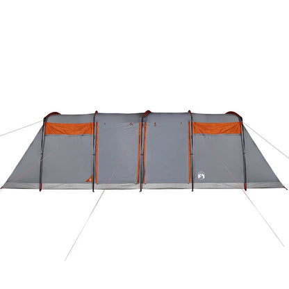 Detail van de grijs-oranje vidaXL tunneltent met meerdere ingangen en zijramen.