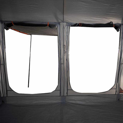 Detail van de binnenkant van de vidaXL tunneltent met grote ramen en grijze afwerking.