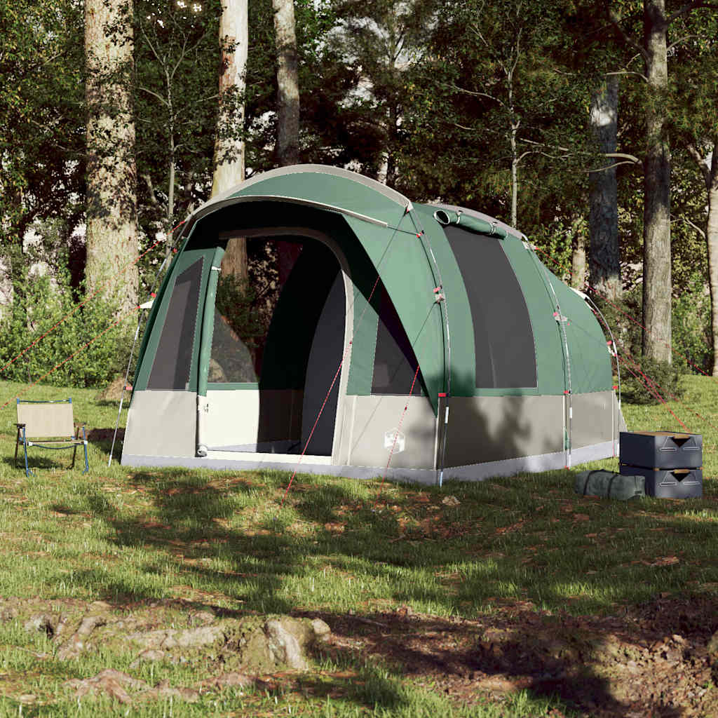 Detail van de vidaXL tunneltent in groen, met open ingangen en ventilatieroosters.