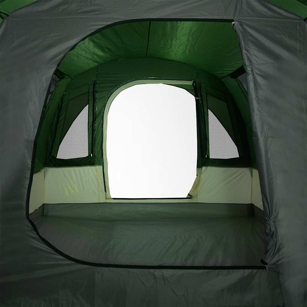 Detail van de groene vidaXL tunneltent met ventilatieroosters en ruime ingang.