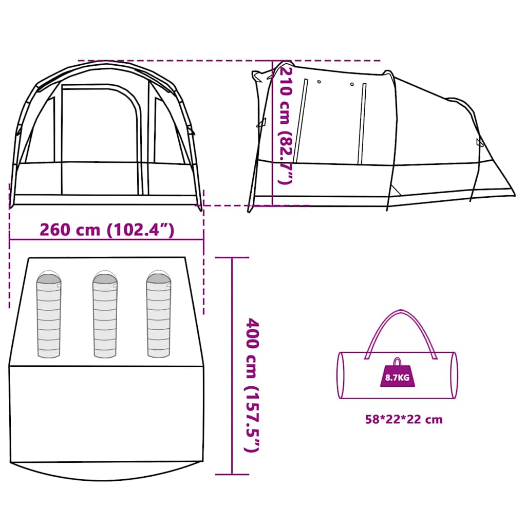 Technische tekening van de vidaXL 3-persoons tunneltent met afmetingen en gewicht.