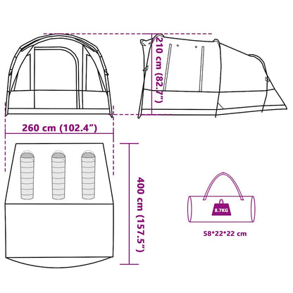 Technische tekening van de vidaXL 3-persoons tunneltent met afmetingen en gewicht.