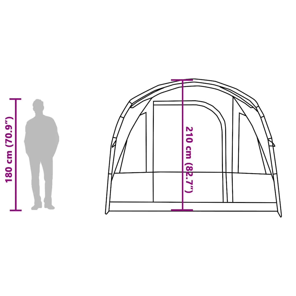 Zijaanzicht van de vidaXL Tunneltent met afmetingen en deuropening.