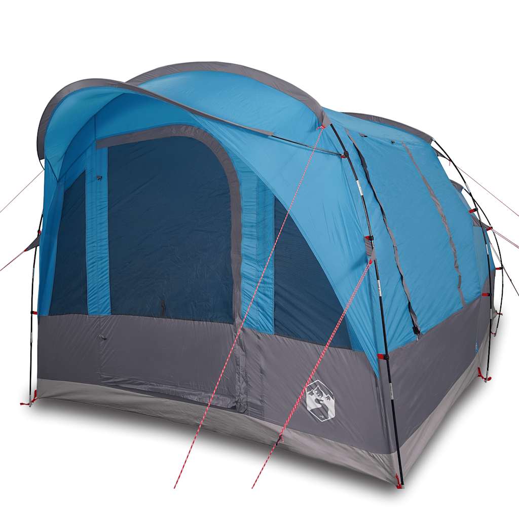 Zijaanzicht van de vidaXL Tunneltent 3-persoons in blauw, met ventilatieroosters en stevige stokken.