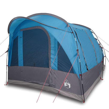 Zijaanzicht van de vidaXL Tunneltent 3-persoons in blauw, met ventilatieroosters en stevige stokken.