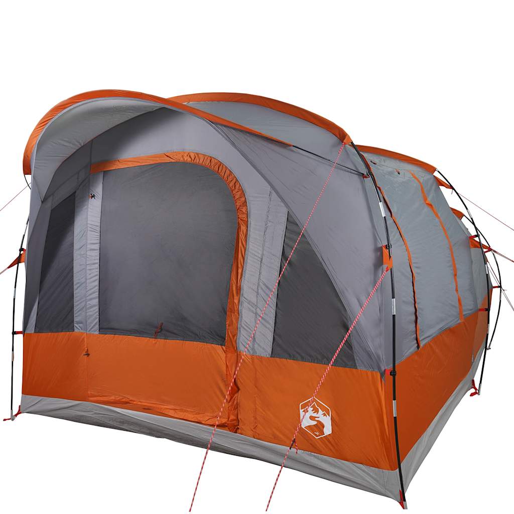 Zijaanzicht van de vidaXL Tunneltent in grijs en oranje, met ventilatieroosters.