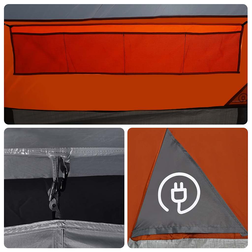Detail van de grijze en oranje vidaXL tunneltent met opbergvakken en bevestigingspunten.