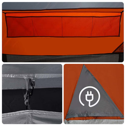Detail van de grijze en oranje vidaXL tunneltent met opbergvakken en bevestigingspunten.