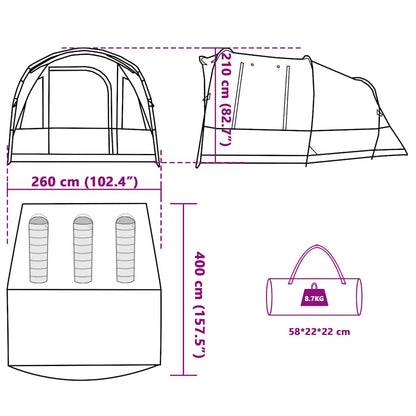 Detail van de vidaXL tunneltent met afmetingen en opbergtas in grijs en oranje.