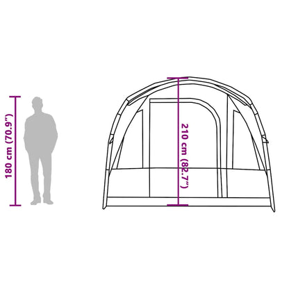 Zijaanzicht van de vidaXL Tunneltent met afmetingen en ingangen weergegeven.