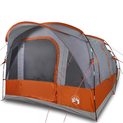 Zijaanzicht van de vidaXL 3-persoons tunneltent in grijs en oranje met ventilatieroosters.