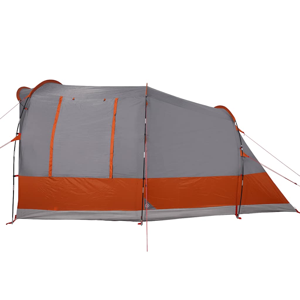 Zijaanzicht van de vidaXL 3-persoons tunneltent in grijs met oranje accenten.