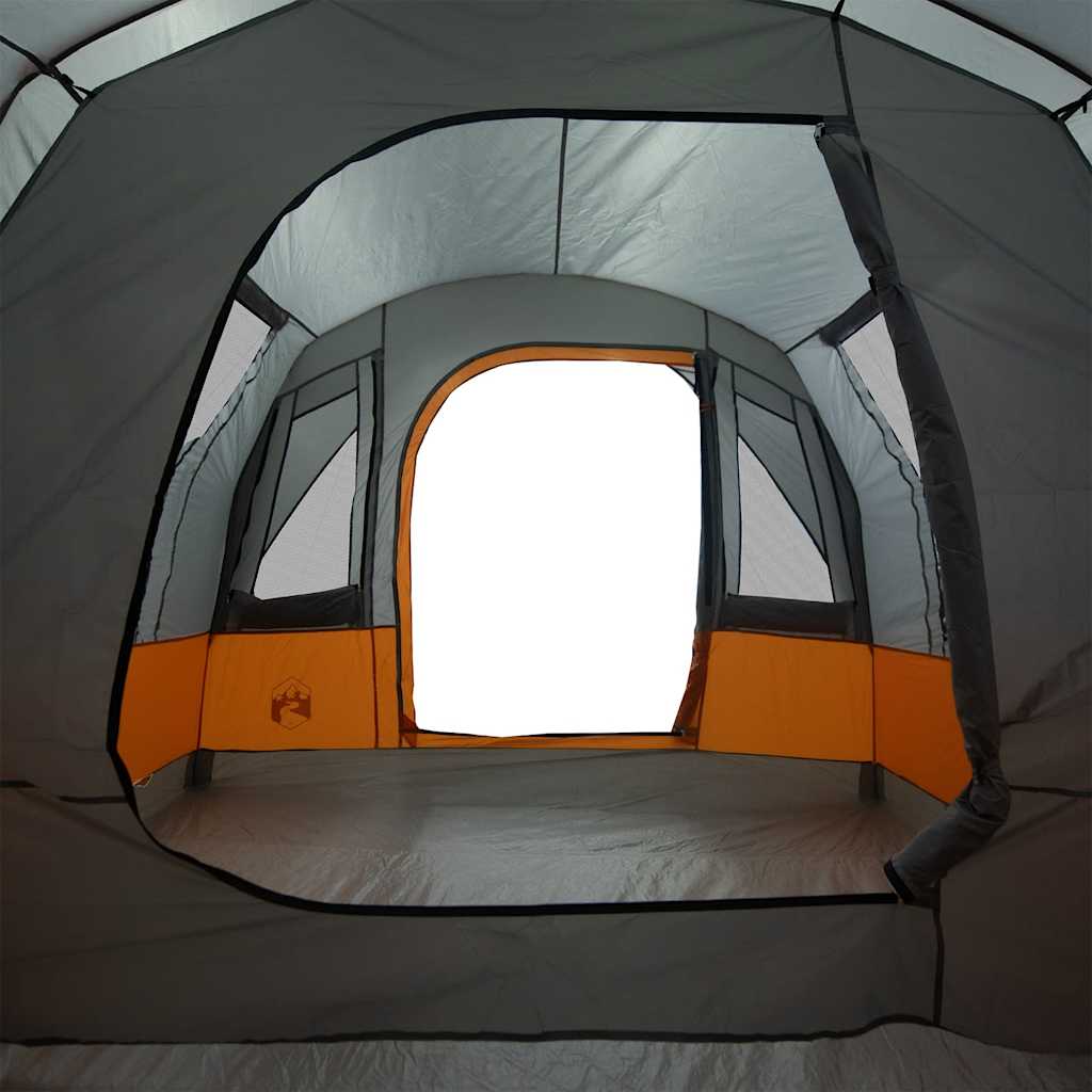 Zijaanzicht van de vidaXL tunneltent met grijze en oranje details en grote ingang.