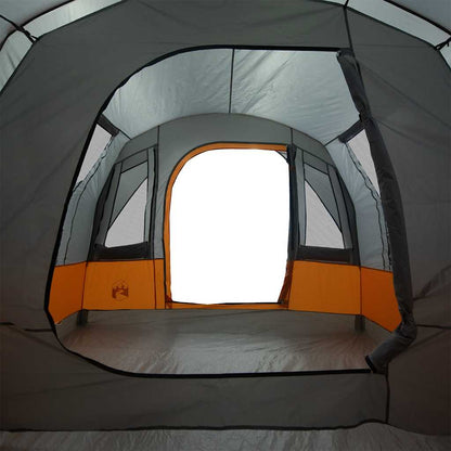 Zijaanzicht van de vidaXL tunneltent met grijze en oranje details en grote ingang.