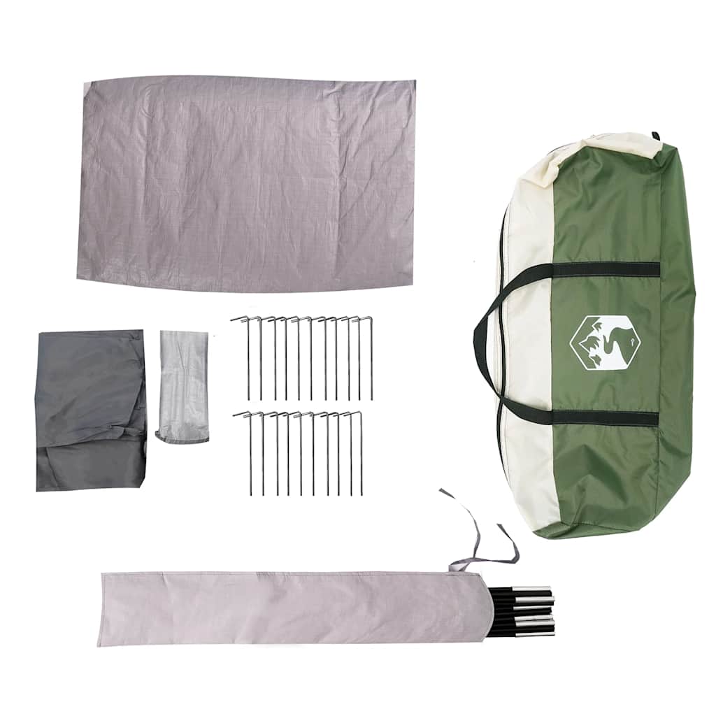 Detail van de accessoires en stokken van de vidaXL 7-persoons tunneltent in groen en grijs.