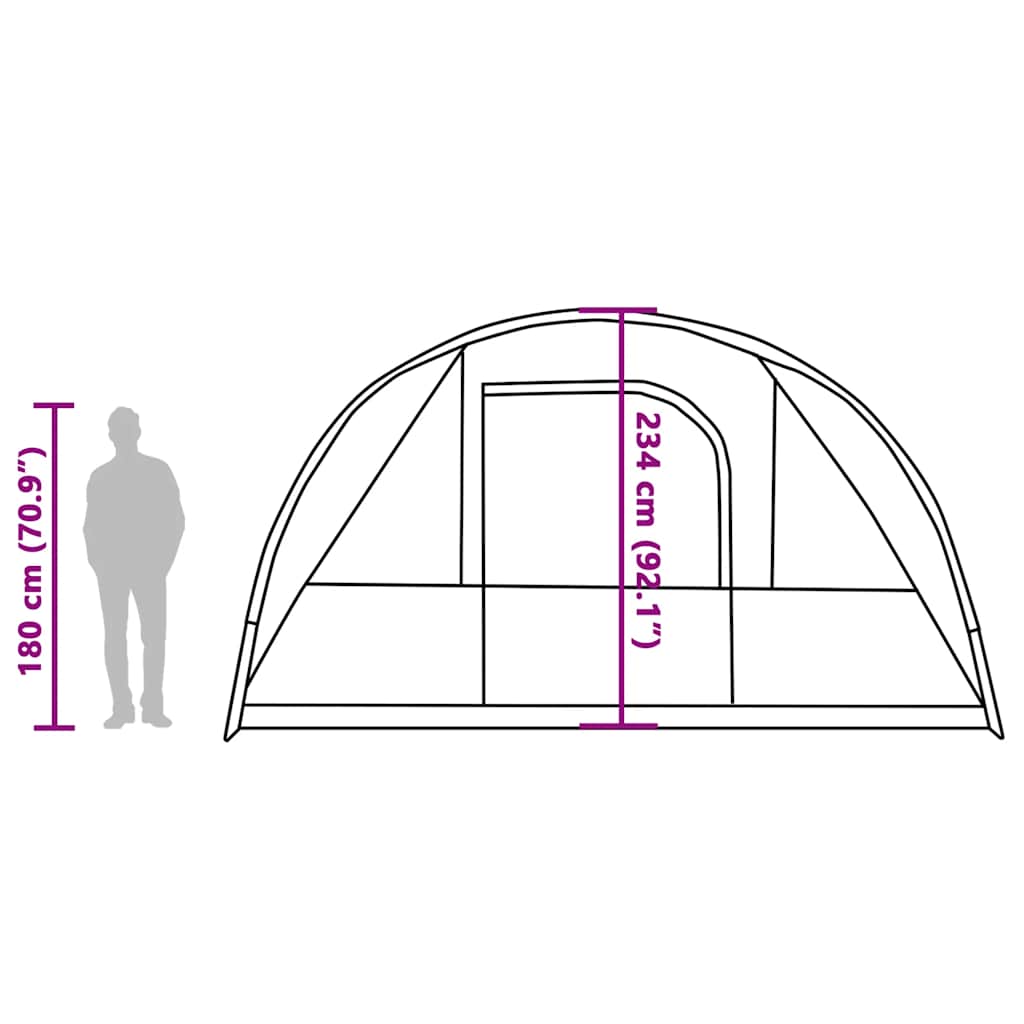 Zijaanzicht van de vidaXL tunneltent met afmetingen en deurhoogte aangegeven.