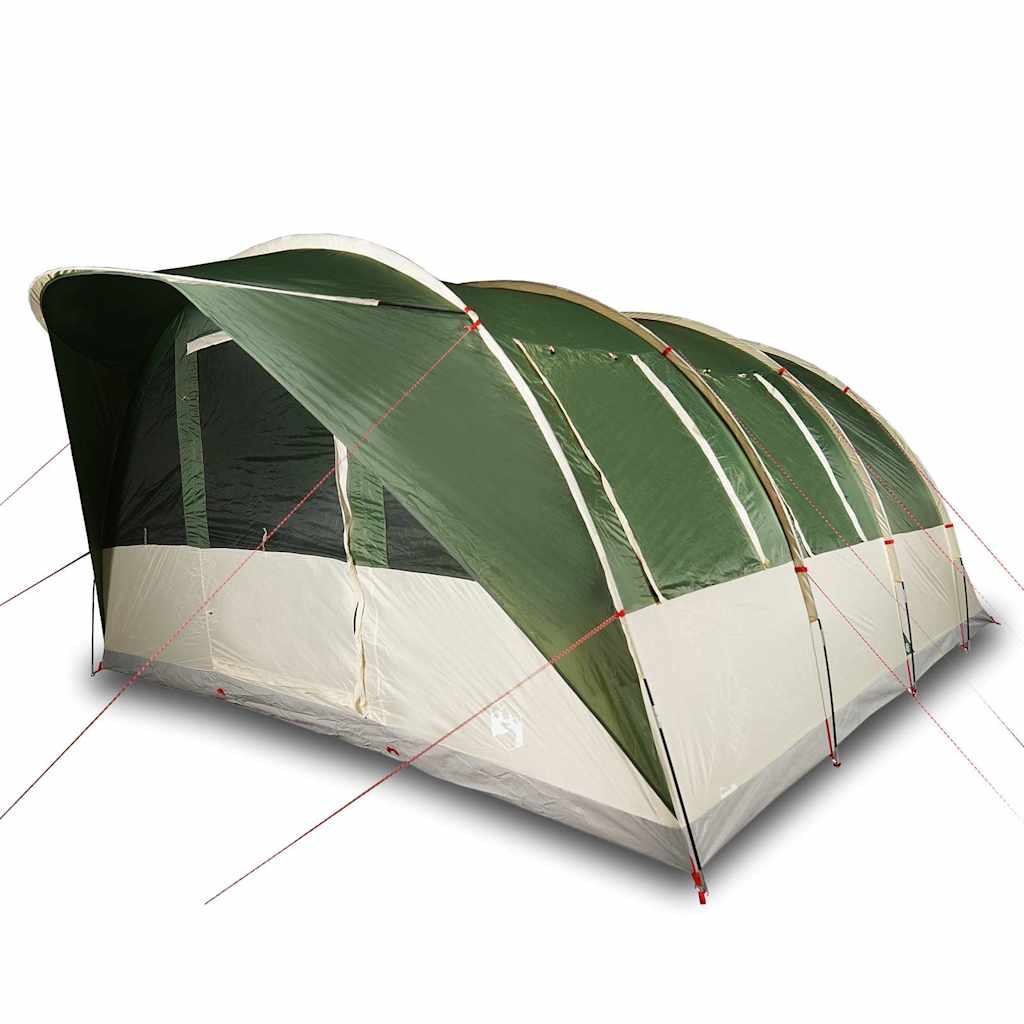 Detail van de vidaXL 7-persoons tunneltent in groen, zijaanzicht met gaaswanden.