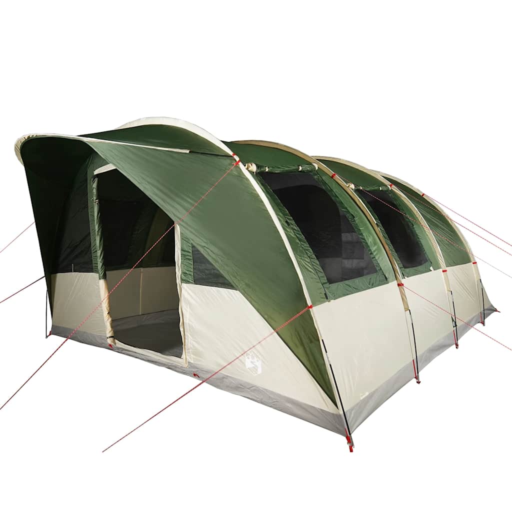 Zijaanzicht van de vidaXL tunneltent in groen, met gaaswanden voor ventilatie.