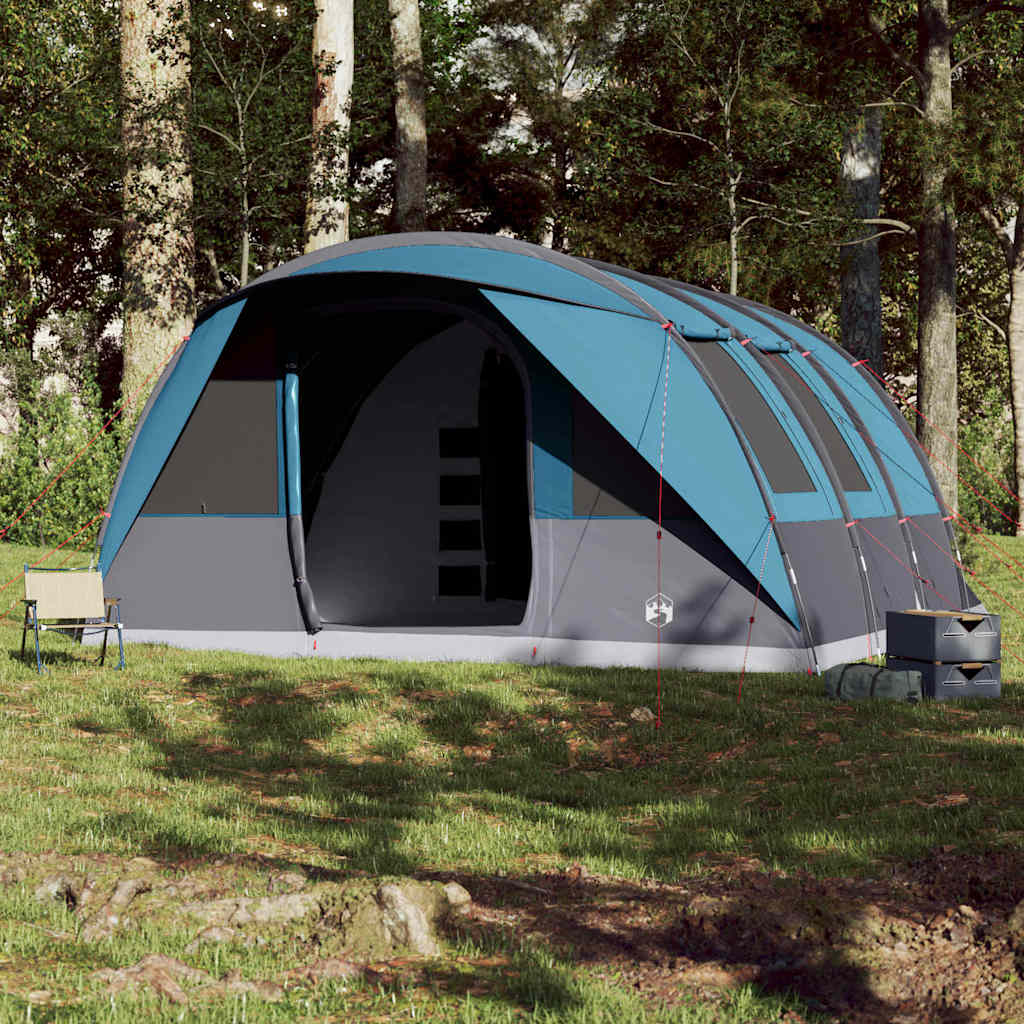 Zijaanzicht van de vidaXL 7-persoons tunneltent in blauw, met open ingang en gaaswanden.