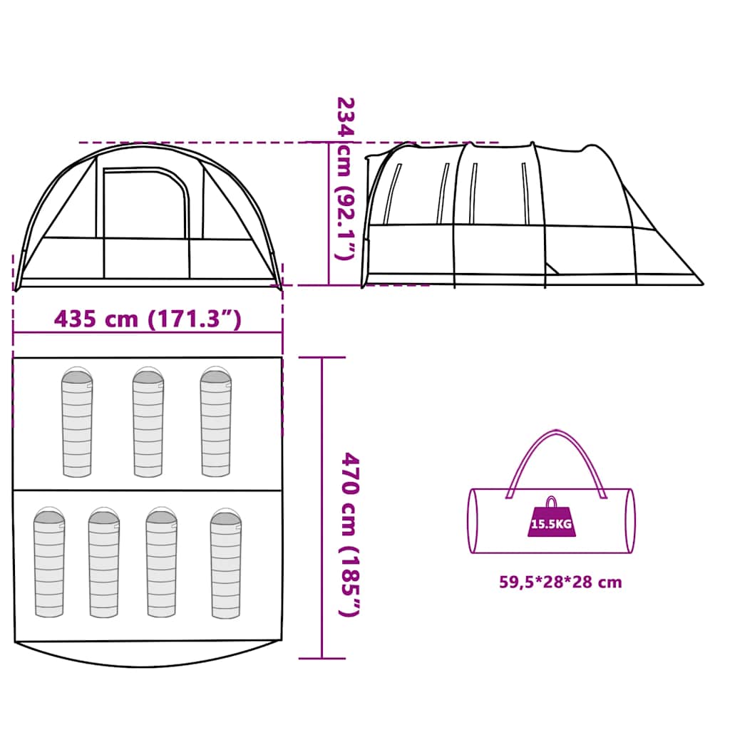 Detailtekening van de vidaXL 7-persoons tunneltent met afmetingen en ontwerpkenmerken.