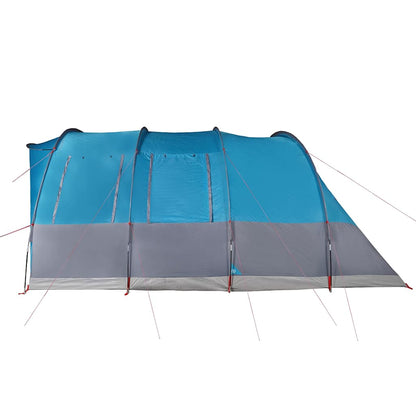 Zijaanzicht van de vidaXL tunneltent in blauw met grijze details en ventilatieroosters.
