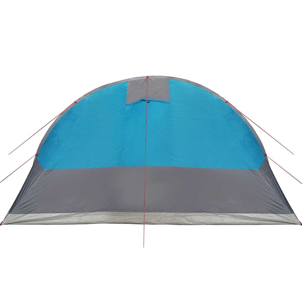 Detail van de blauwe vidaXL tunneltent met grijze onderrand en ventilatierooster.