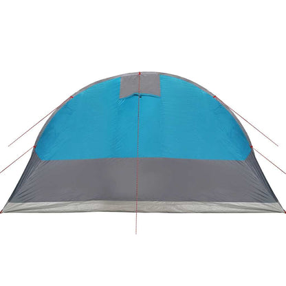 Detail van de blauwe vidaXL tunneltent met grijze onderrand en ventilatierooster.