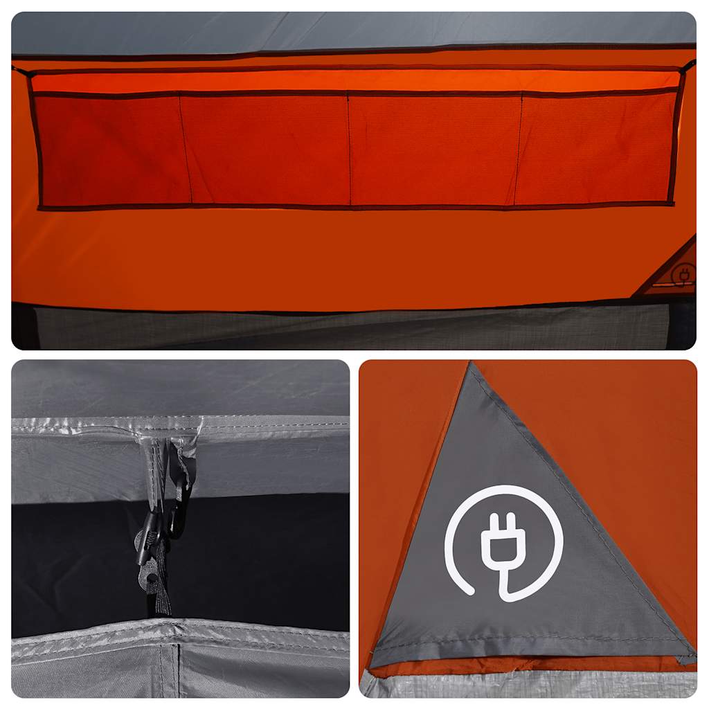 Detail van de oranje binnenzakken en de elektrische toegang van de vidaXL tunneltent.