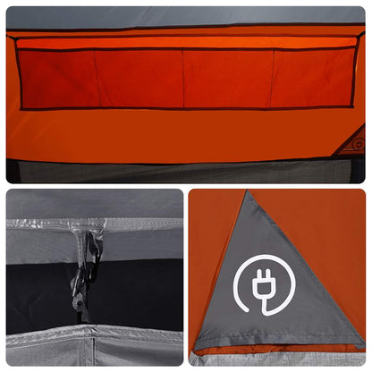 Detail van de oranje binnenzakken en de elektrische toegang van de vidaXL tunneltent.