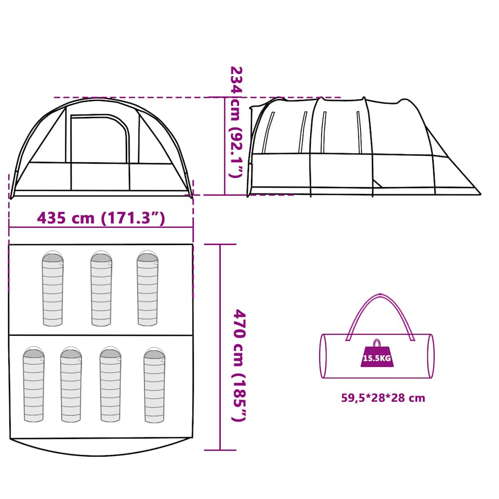 Detail van de afmetingen en indeling van de vidaXL 7-persoons tunneltent.