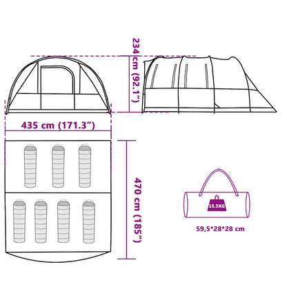 Detail van de afmetingen en indeling van de vidaXL 7-persoons tunneltent.