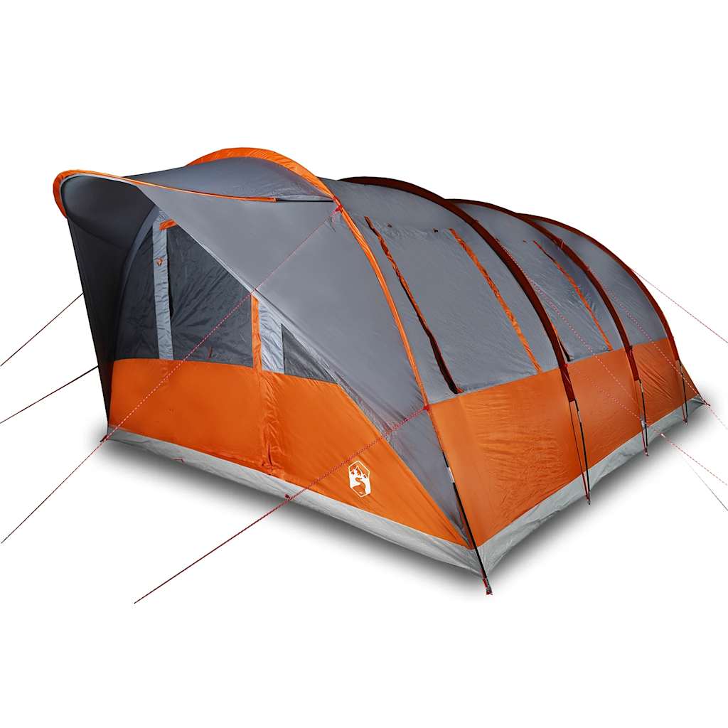 Detail van de vidaXL tunneltent in grijs en oranje, met een ruime ingang en gaaswanden.