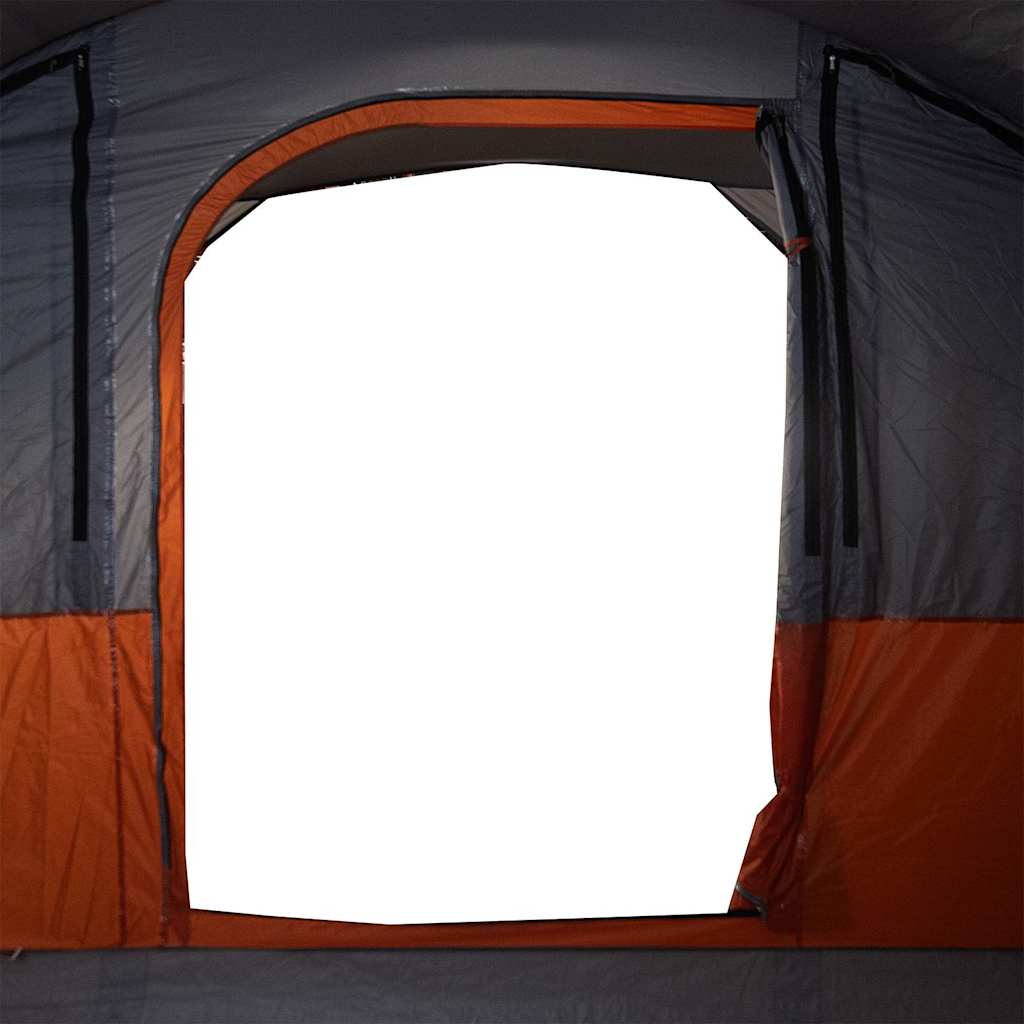 Detail van de grijs-oranje tentopening van de vidaXL tunneltent, met gaas voor ventilatie.