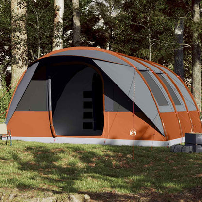 Tunneltent vidaXL 7-persoons in grijs en oranje, met een ruime ingang en stevige constructie.
