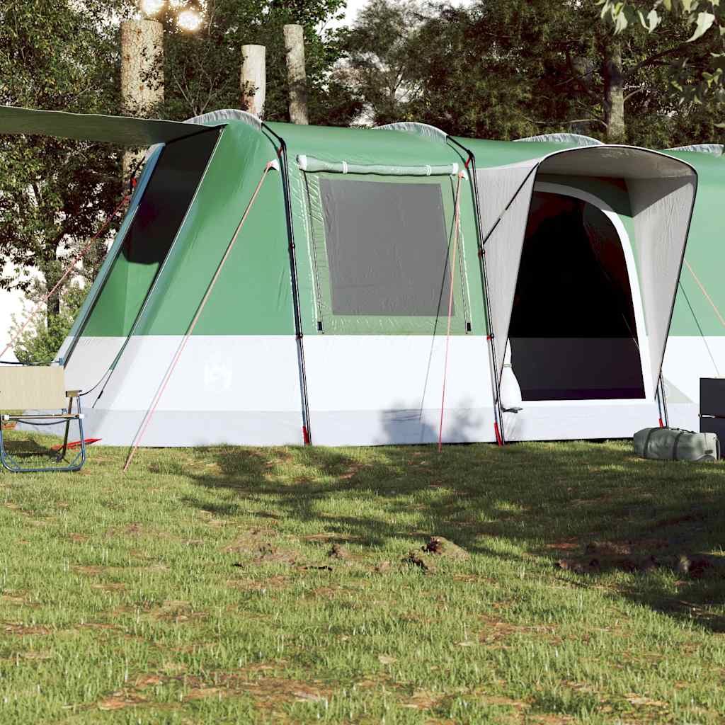 Detail van de groene vidaXL tunneltent met open ingang en ventilatierooster.