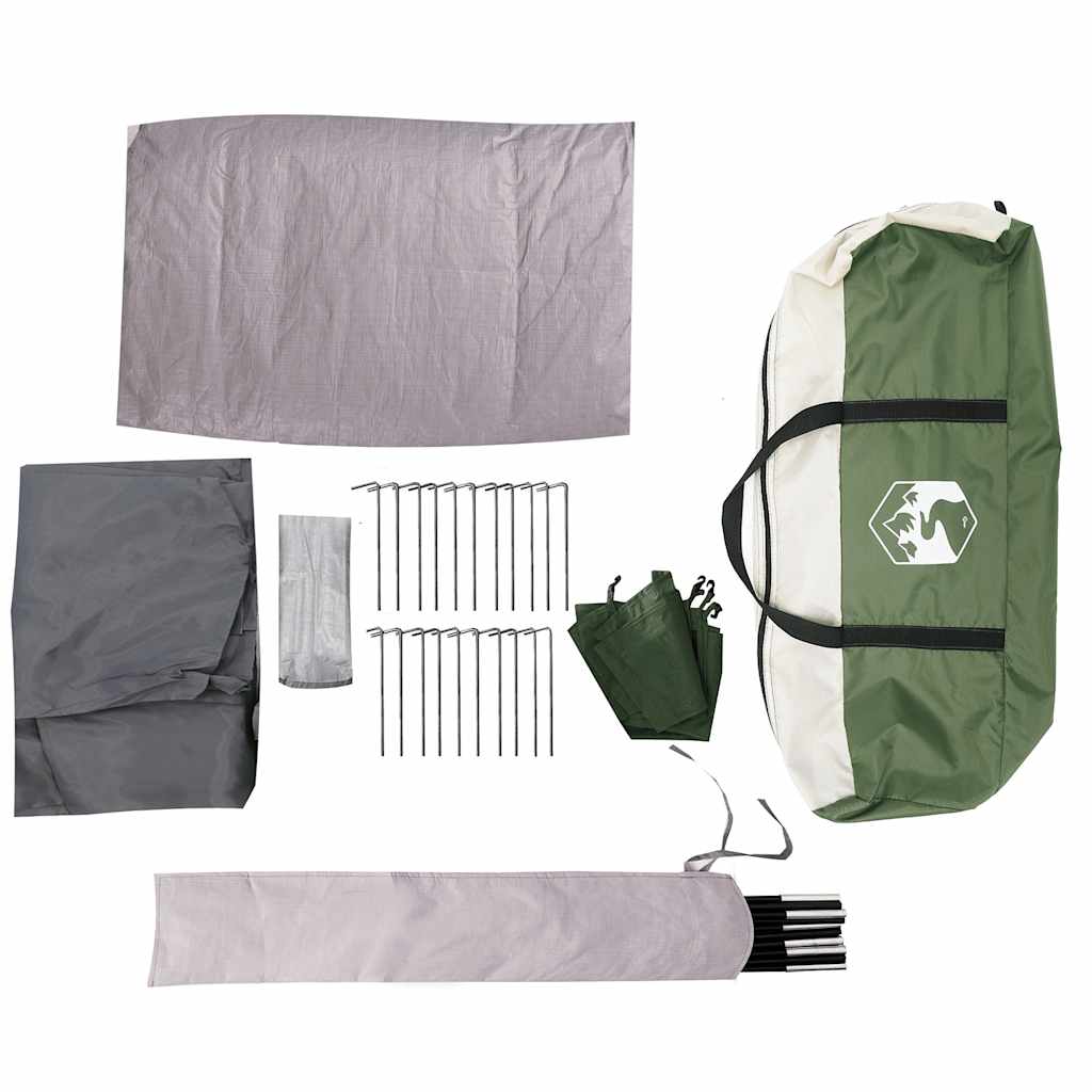 Detail van de accessoires van de vidaXL 4-persoons tunneltent in groen en grijs.